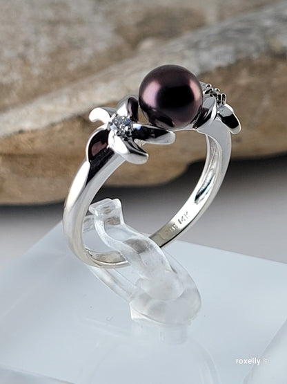 14K White Gold Purple Fresh-Water Pearl and Diamonds Ring Size 8.75 Solid Gold