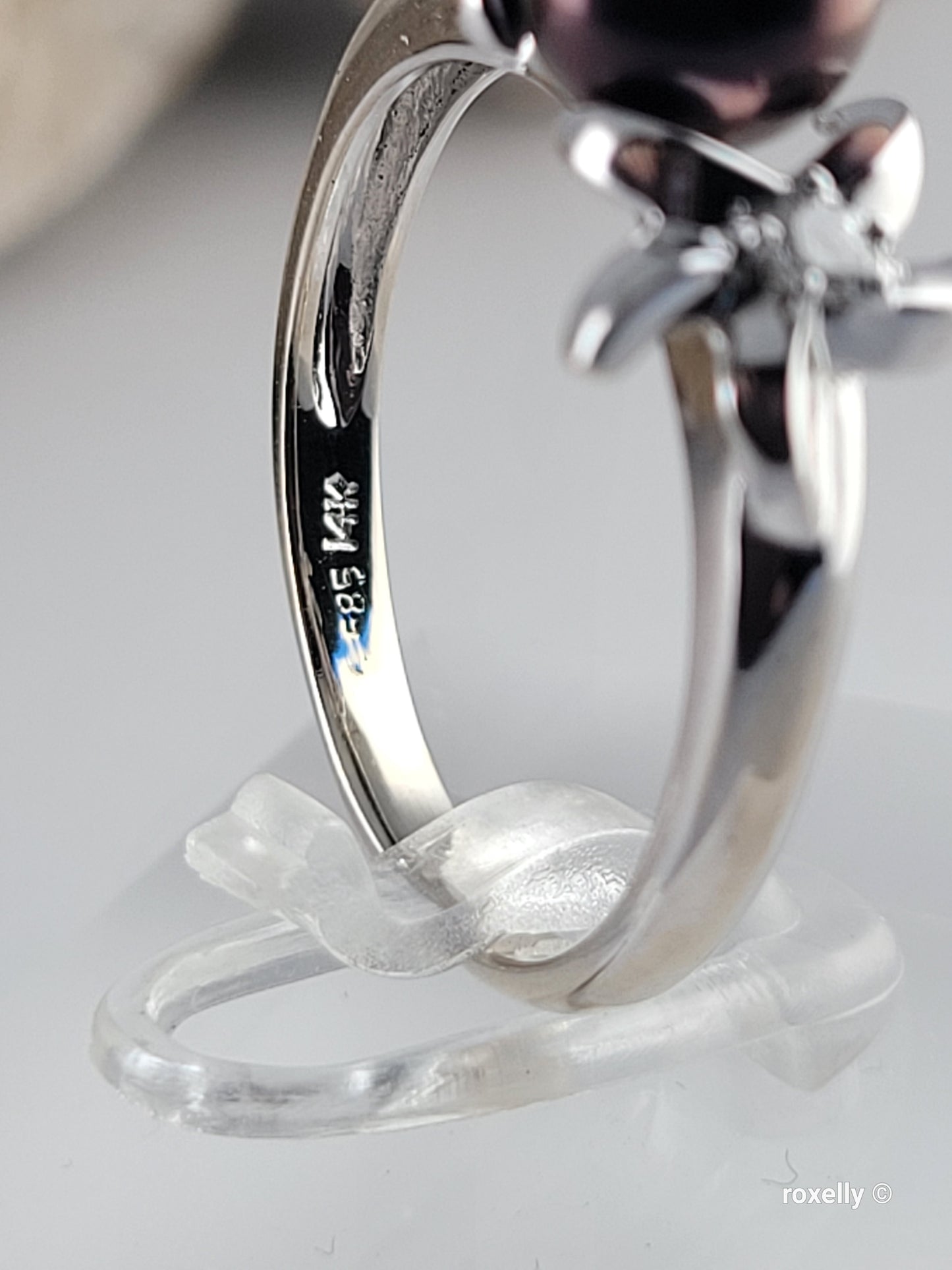 14K White Gold Purple Fresh-Water Pearl and Diamonds Ring Size 8.75 Solid Gold
