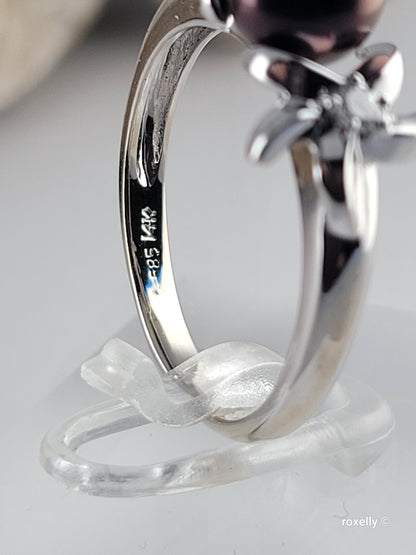 14K White Gold Purple Fresh-Water Pearl and Diamonds Ring Size 8.75 Solid Gold