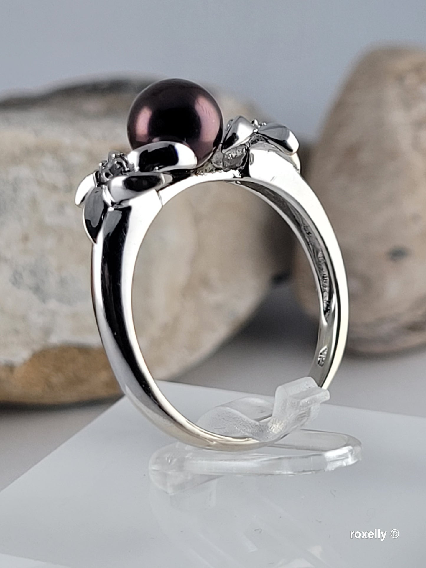 14K White Gold Purple Fresh-Water Pearl and Diamonds Ring Size 8.75 Solid Gold