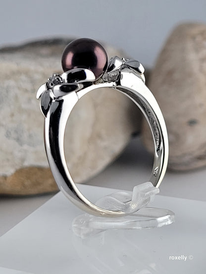 14K White Gold Purple Fresh-Water Pearl and Diamonds Ring Size 8.75 Solid Gold