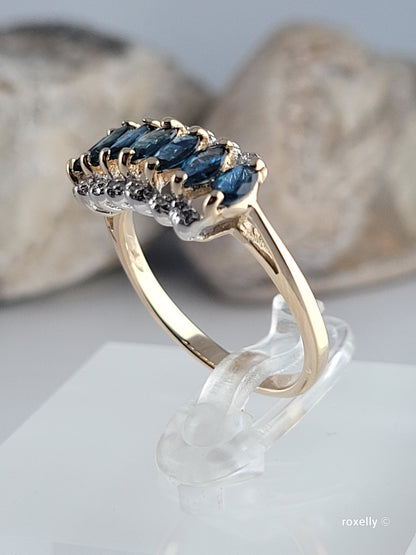 14K Yellow Gold Sapphires and Diamonds Ring Size 7 Solid Gold