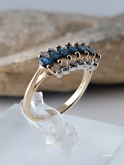 14K Yellow Gold Sapphires and Diamonds Ring Size 7 Solid Gold