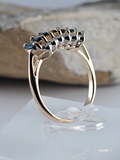 14K Yellow Gold Sapphires and Diamonds Ring Size 7 Solid Gold