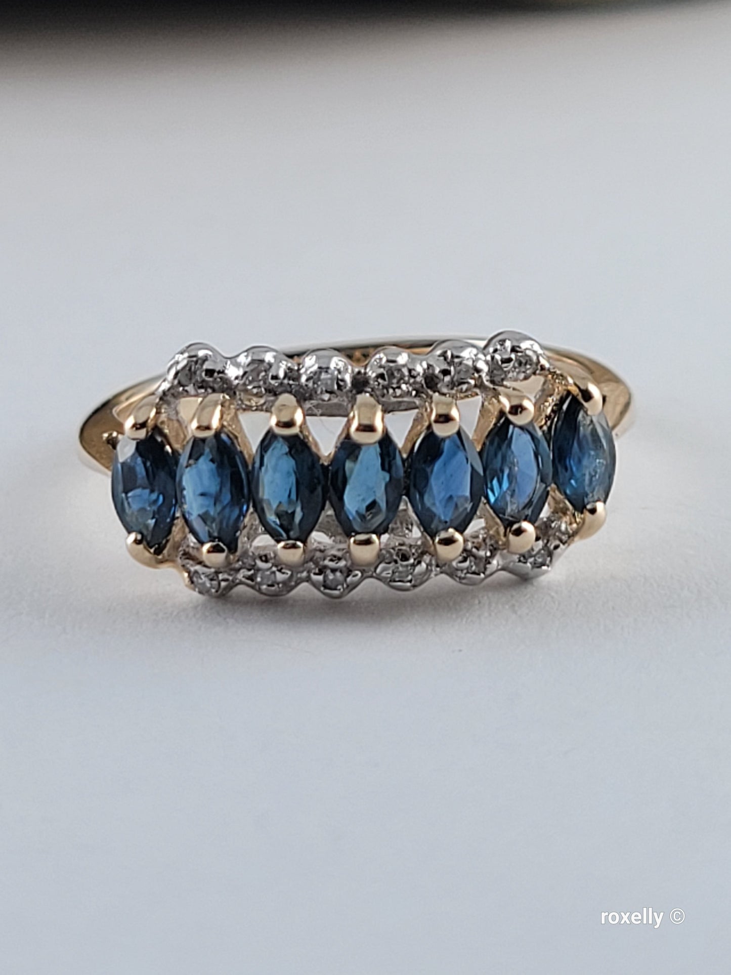 14K Yellow Gold Sapphires and Diamonds Ring Size 7 Solid Gold