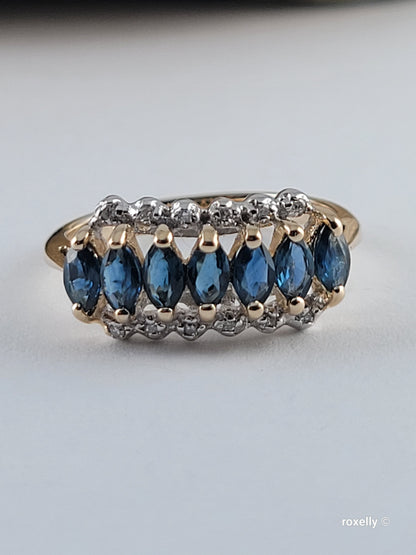 14K Yellow Gold Sapphires and Diamonds Ring Size 7 Solid Gold
