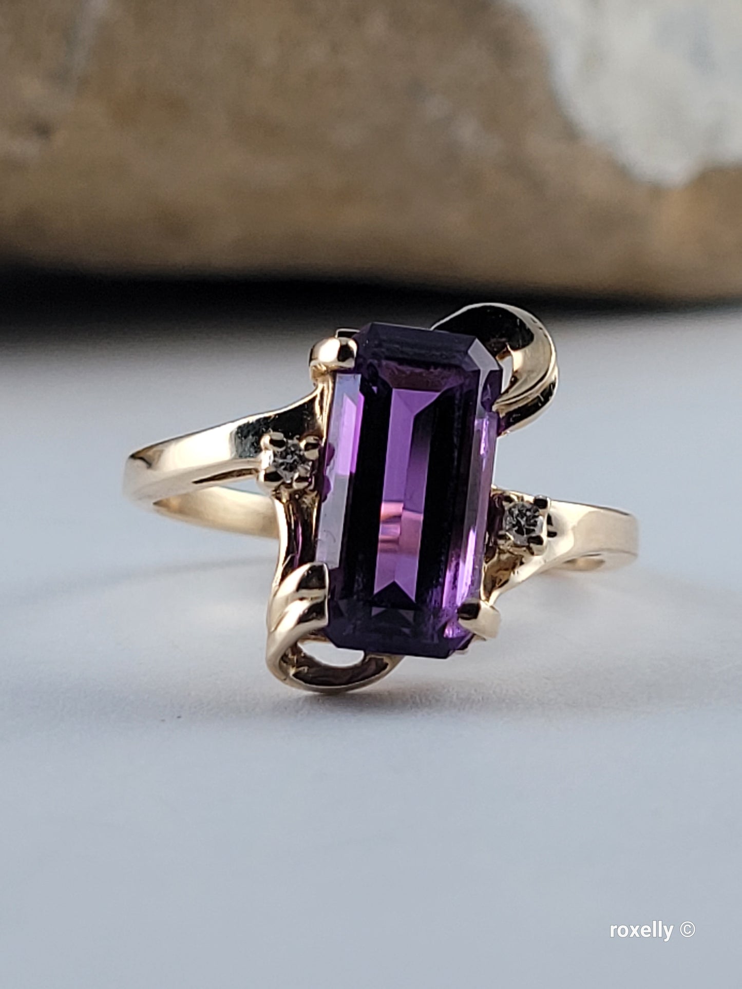 14K Yellow Gold Amethyst and Diamonds Ring Size 8 Solid Gold
