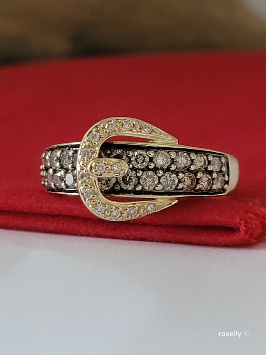 $5,000 Ring, 14k Solid Gold Chocolate & Vanilla Genuine Diamonds Buckle Ring 14K Gold – Size 7