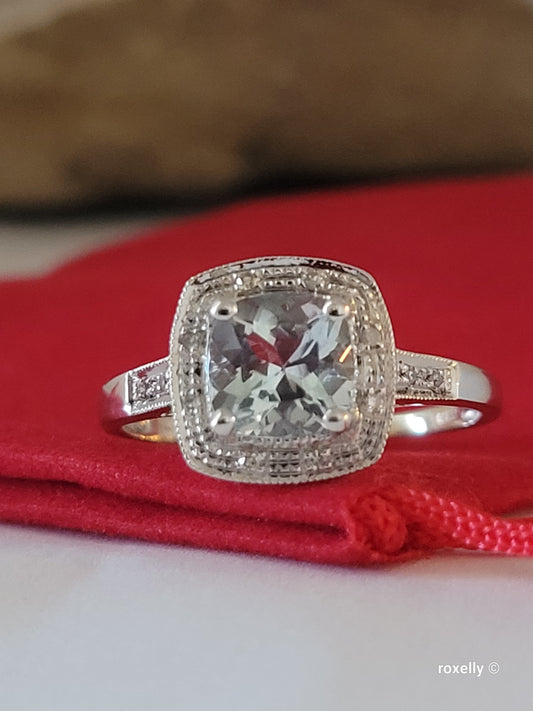 14K White Gold Aquamarine and Genuine Diamonds Ring Size 9 Solid Gold