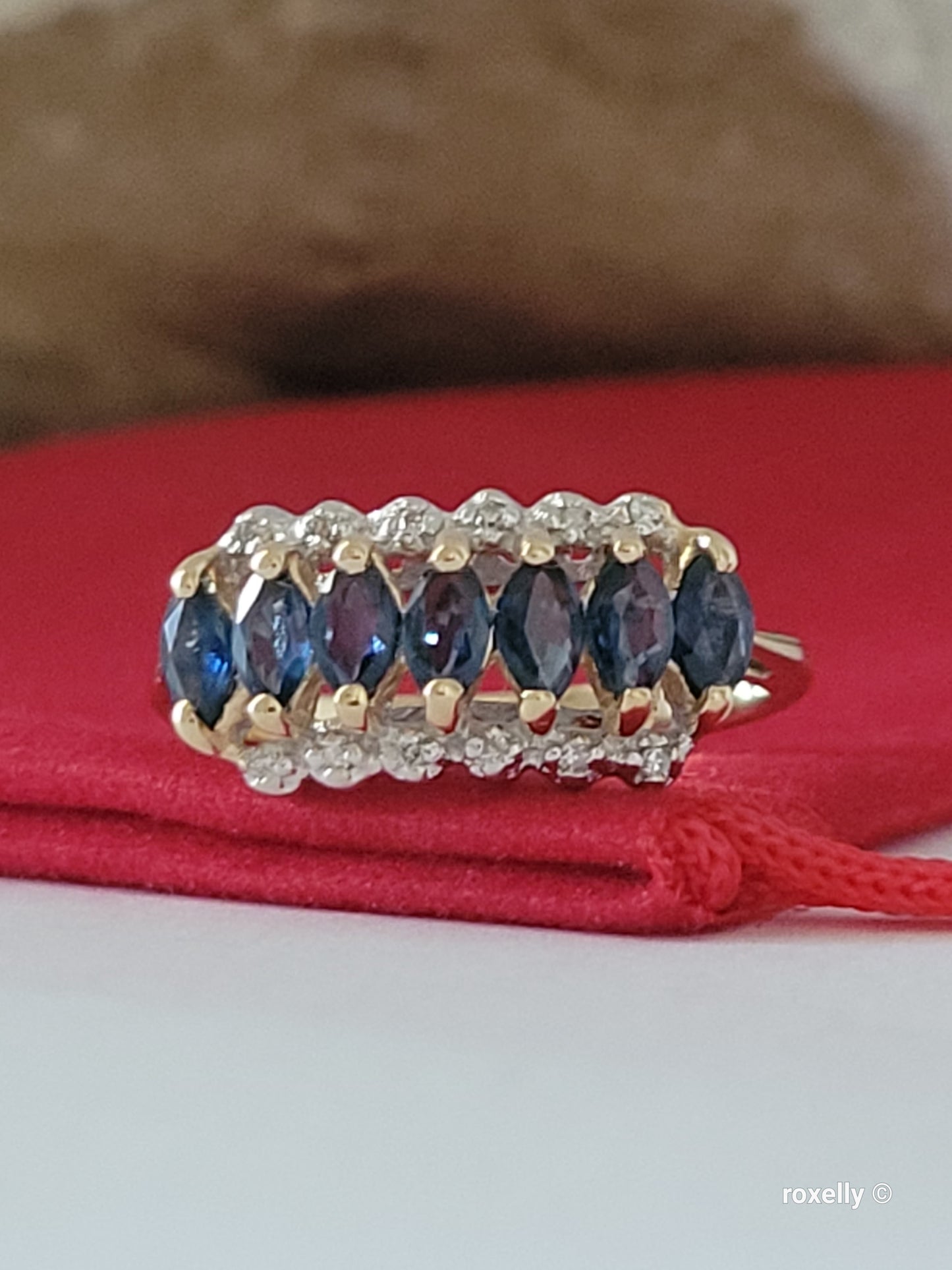14K Yellow Gold Sapphires and Diamonds Ring Size 7 Solid Gold