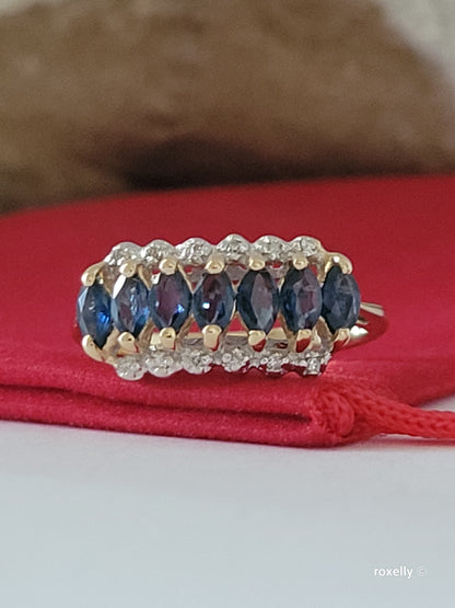 14K Yellow Gold Sapphires and Diamonds Ring Size 7 Solid Gold