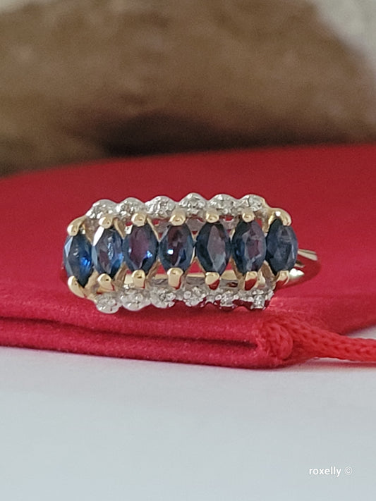 14K Yellow Gold Sapphires and Diamonds Ring Size 7 Solid Gold