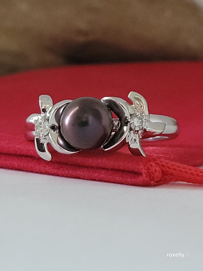14K White Gold Purple Fresh-Water Pearl and Diamonds Ring Size 8.75 Solid Gold
