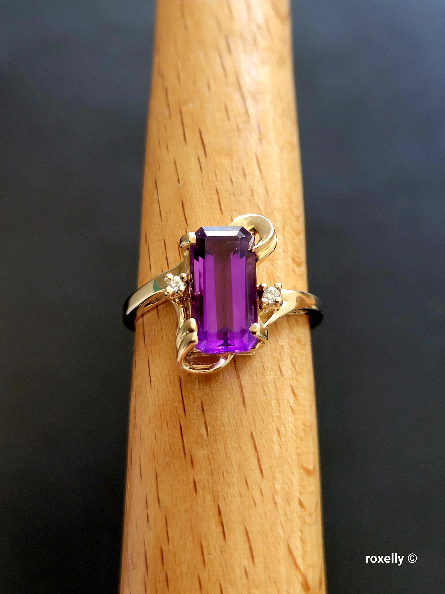 14K Yellow Gold Amethyst and Diamonds Ring Size 8 Solid Gold