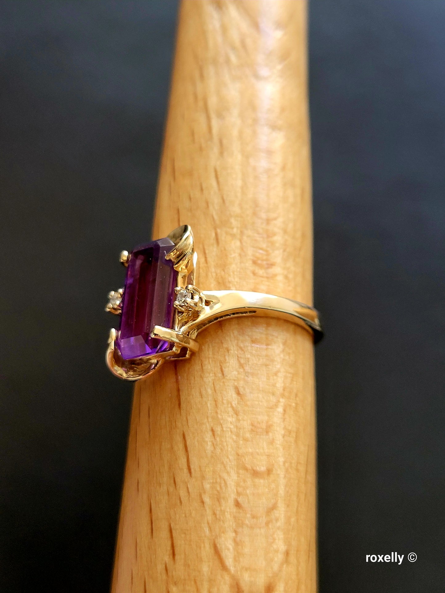14K Yellow Gold Amethyst and Diamonds Ring Size 8 Solid Gold