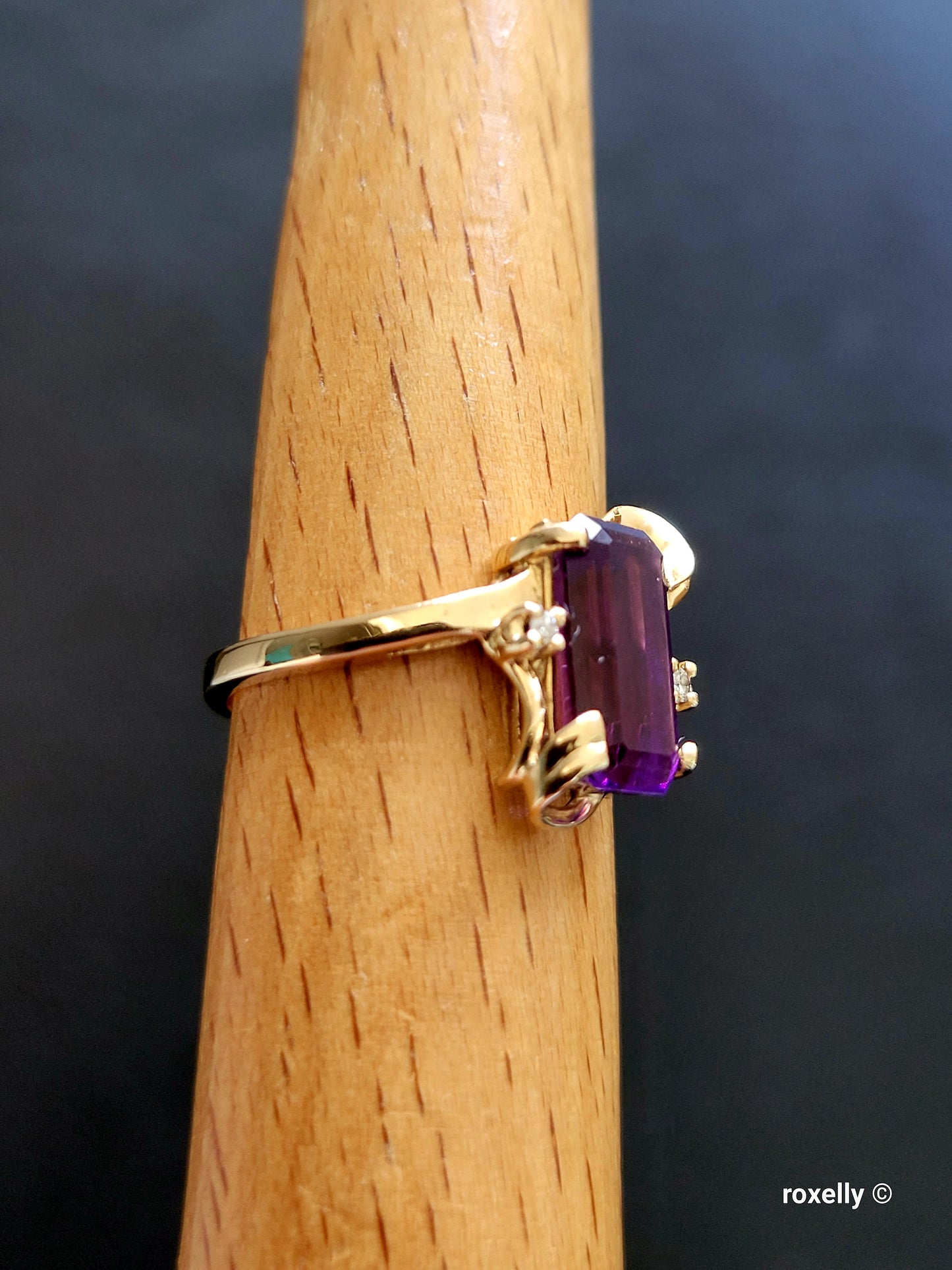 14K Yellow Gold Amethyst and Diamonds Ring Size 8 Solid Gold