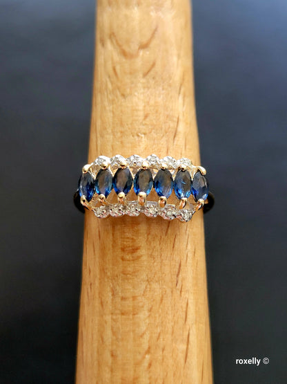 14K Yellow Gold Sapphires and Diamonds Ring Size 7 Solid Gold