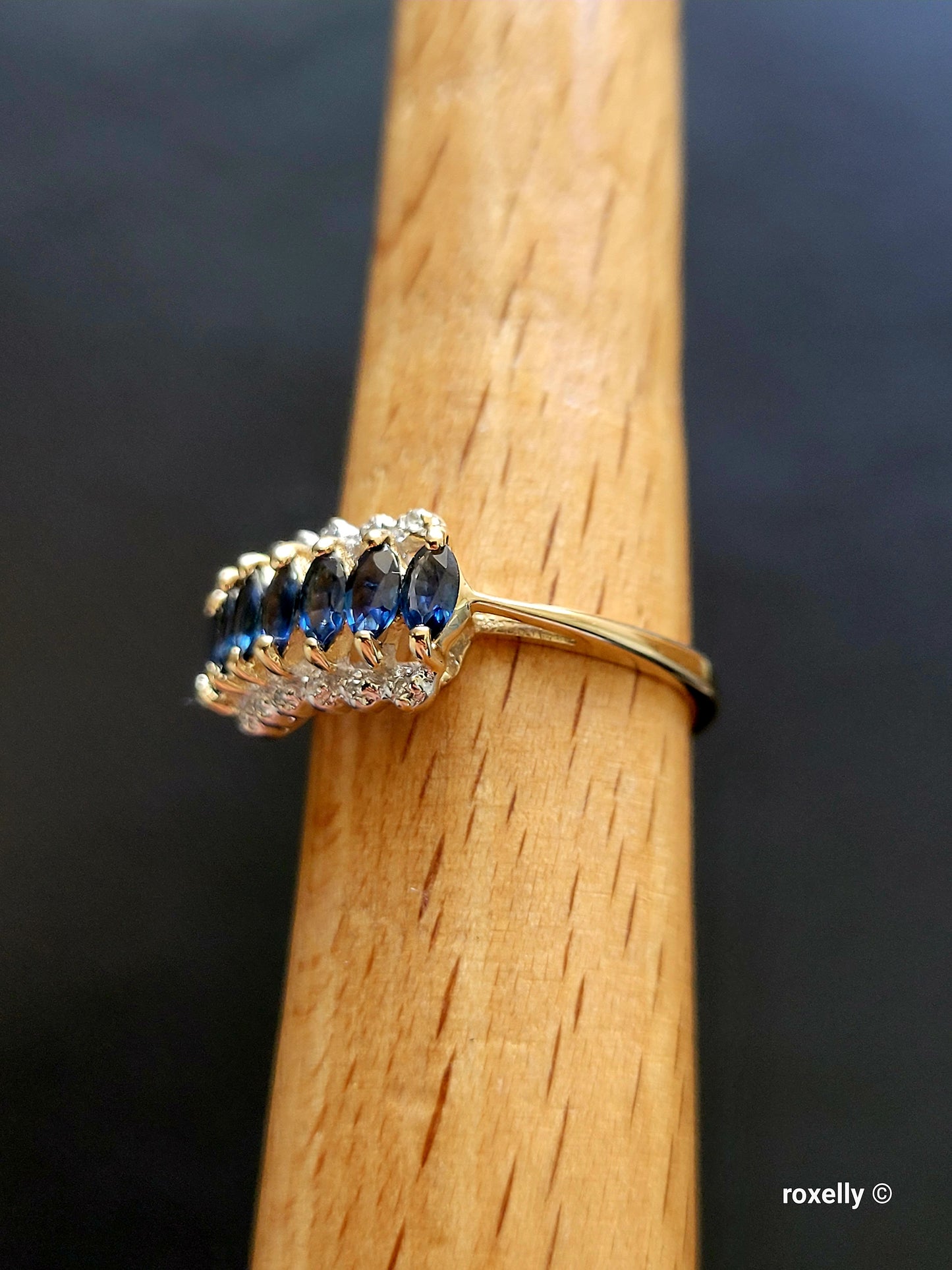 14K Yellow Gold Sapphires and Diamonds Ring Size 7 Solid Gold