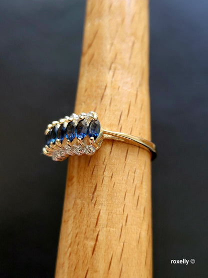 14K Yellow Gold Sapphires and Diamonds Ring Size 7 Solid Gold