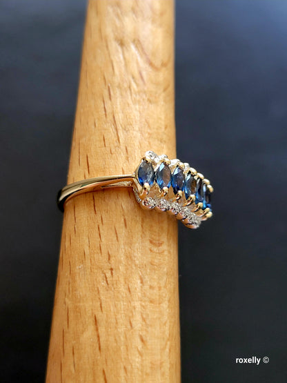 14K Yellow Gold Sapphires and Diamonds Ring Size 7 Solid Gold