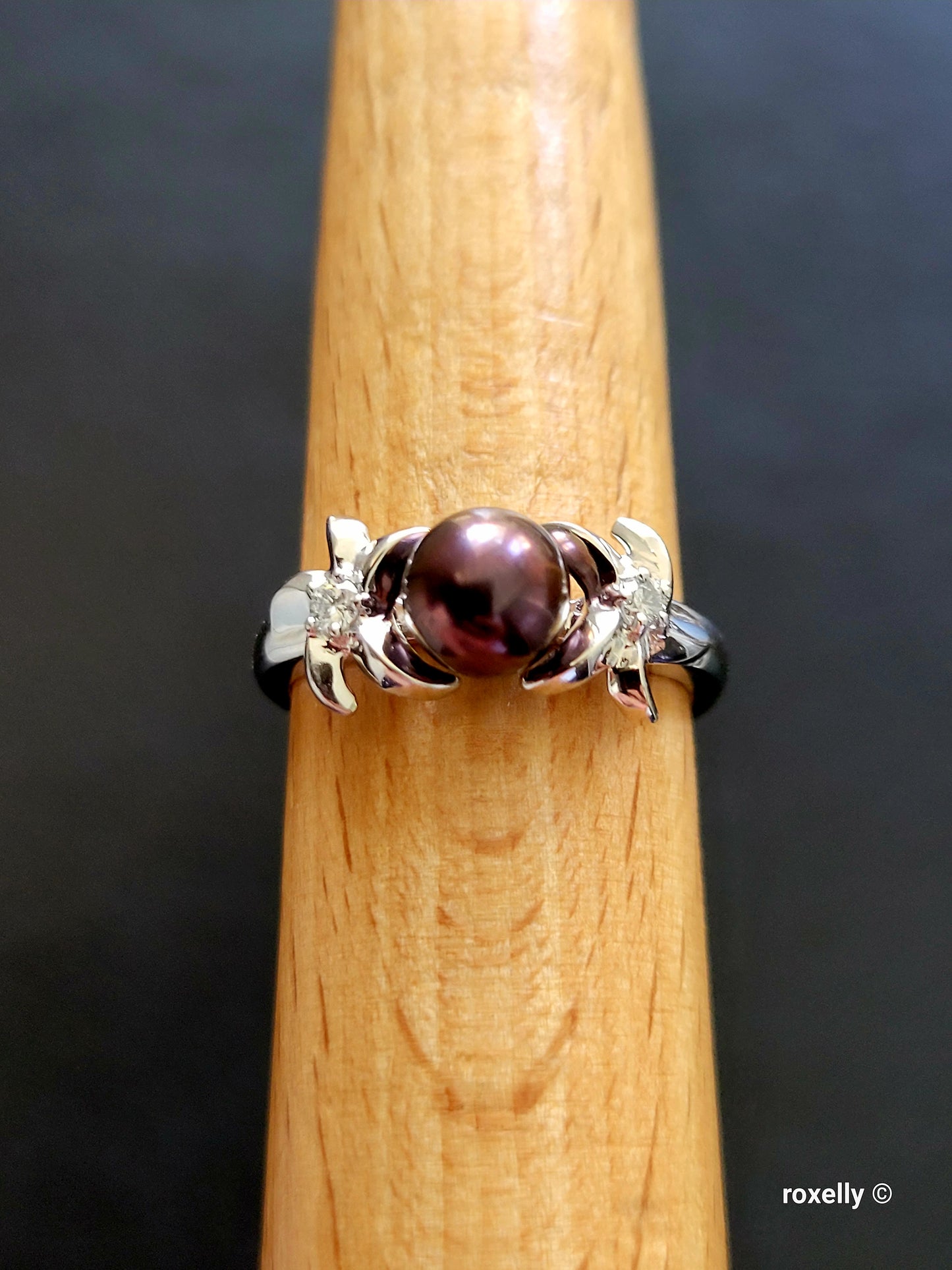 14K White Gold Purple Fresh-Water Pearl and Diamonds Ring Size 8.75 Solid Gold