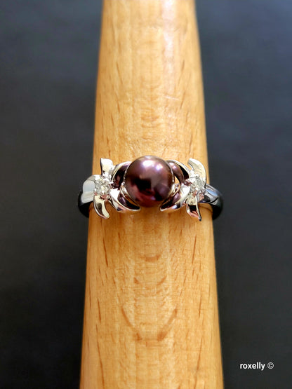 14K White Gold Purple Fresh-Water Pearl and Diamonds Ring Size 8.75 Solid Gold
