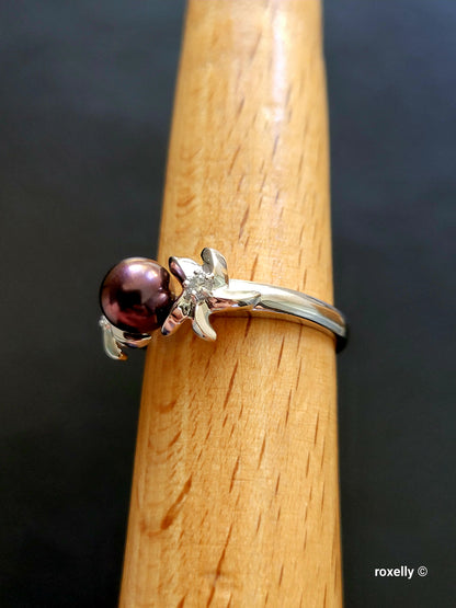 14K White Gold Purple Fresh-Water Pearl and Diamonds Ring Size 8.75 Solid Gold