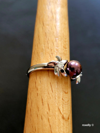 14K White Gold Purple Fresh-Water Pearl and Diamonds Ring Size 8.75 Solid Gold