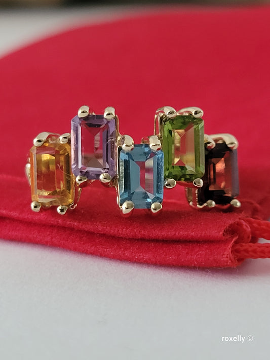 10K Yellow Gold Multi-Gemstone Cocktail Ring Size 8 Solid Gold