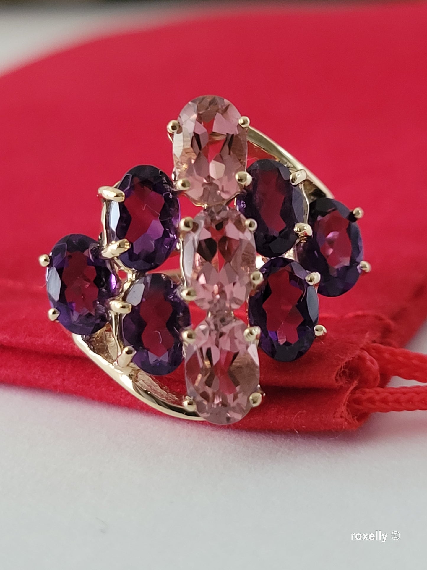 ❤️10K Yellow Gold Amethyst and  Pink Tourmaline Ring Size 5.5 Solid Gold
