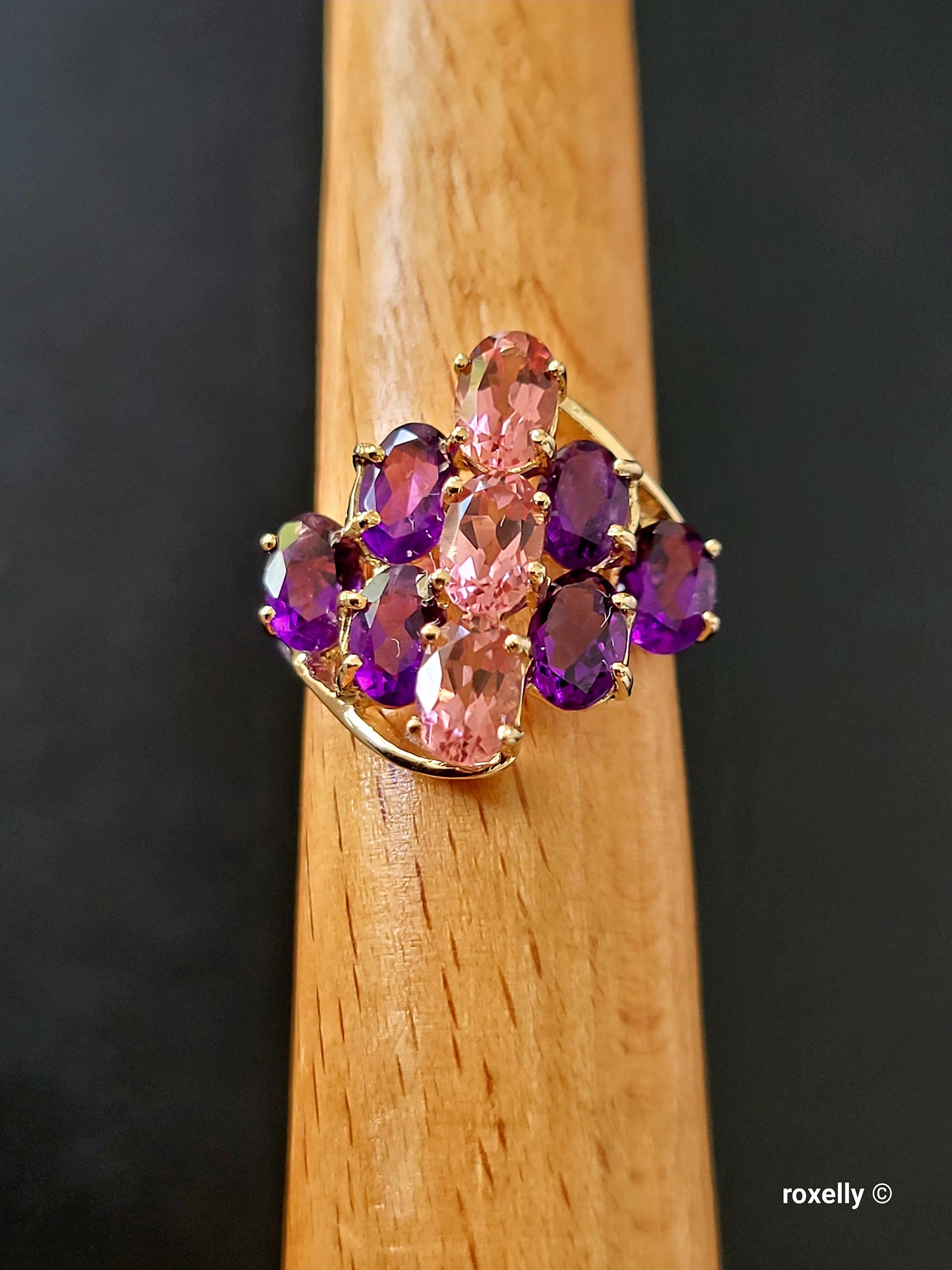 ❤️10K Yellow Gold Amethyst and  Pink Tourmaline Ring Size 5.5 Solid Gold