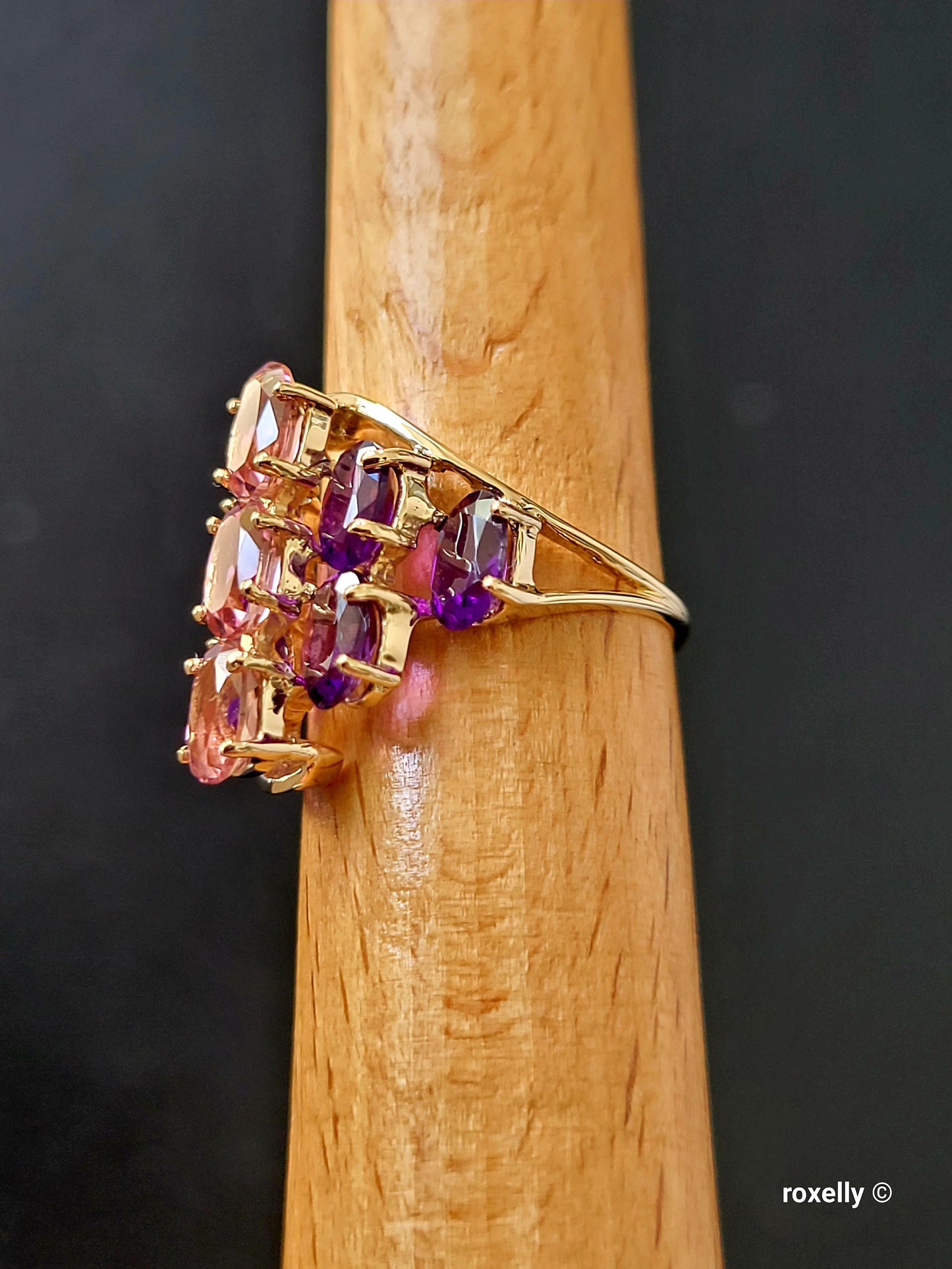 ❤️10K Yellow Gold Amethyst and  Pink Tourmaline Ring Size 5.5 Solid Gold