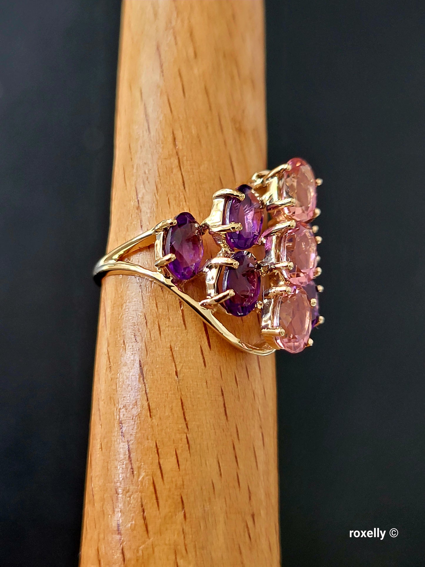 ❤️10K Yellow Gold Amethyst and  Pink Tourmaline Ring Size 5.5 Solid Gold