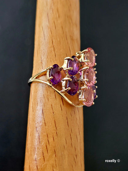 ❤️10K Yellow Gold Amethyst and  Pink Tourmaline Ring Size 5.5 Solid Gold