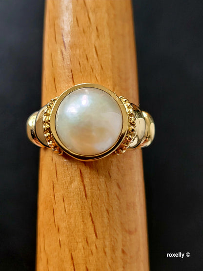 14K Yellow Gold Natural Gray Pearl Gorgeous Ring Size 7 Solid Gold