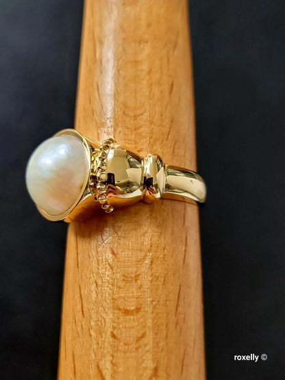 14K Yellow Gold Natural Gray Pearl Gorgeous Ring Size 7 Solid Gold