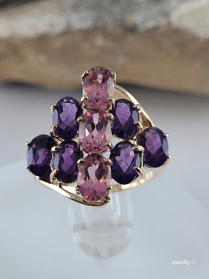 ❤️10K Yellow Gold Amethyst and  Pink Tourmaline Ring Size 5.5 Solid Gold