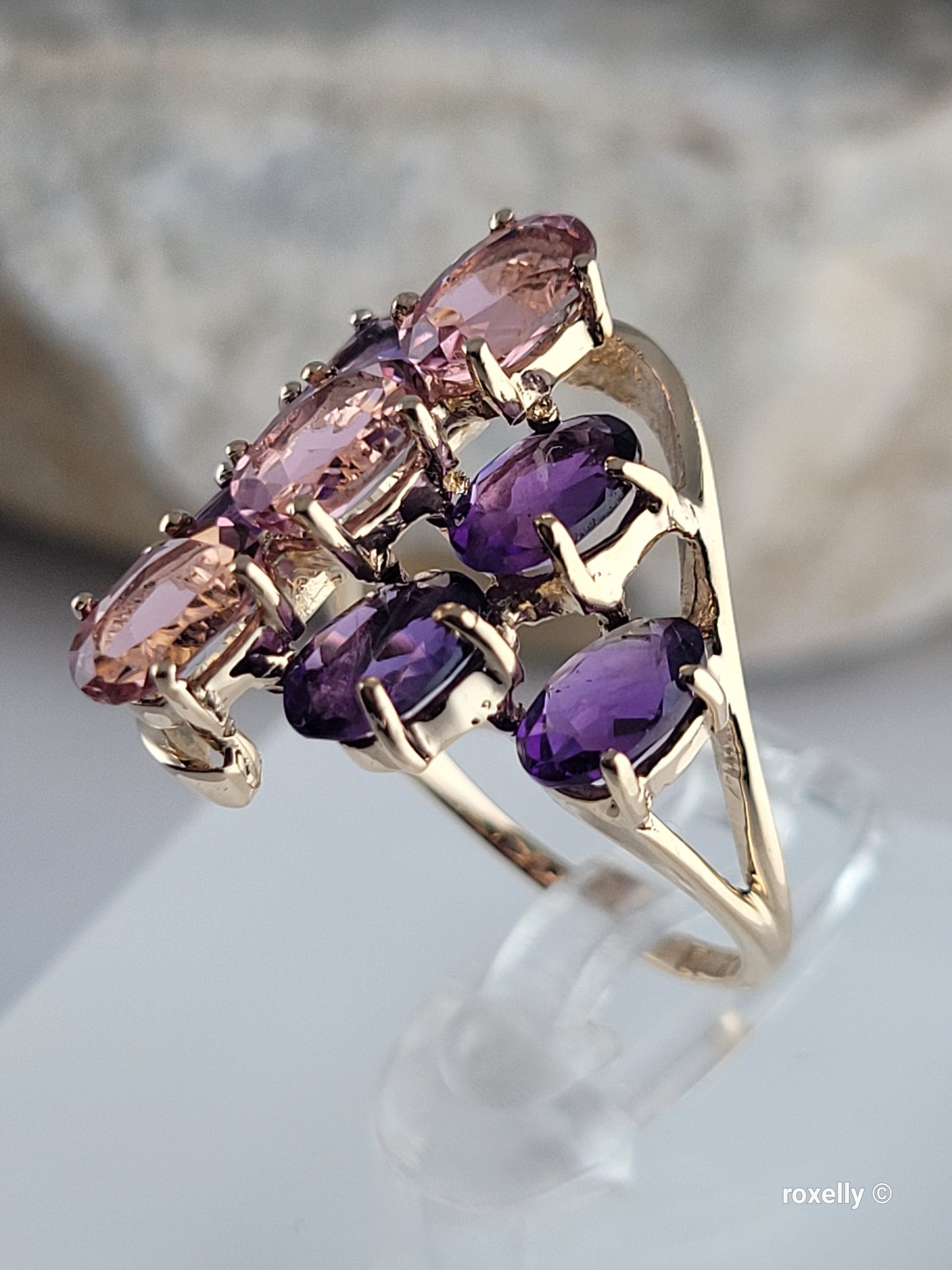 ❤️10K Yellow Gold Amethyst and  Pink Tourmaline Ring Size 5.5 Solid Gold