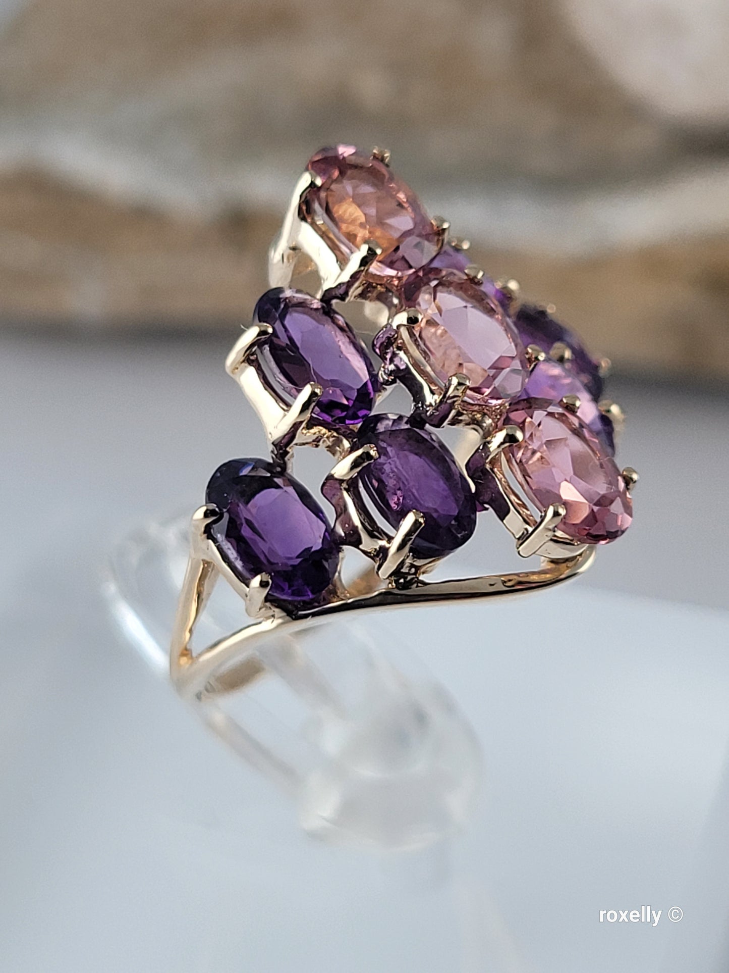 ❤️10K Yellow Gold Amethyst and  Pink Tourmaline Ring Size 5.5 Solid Gold