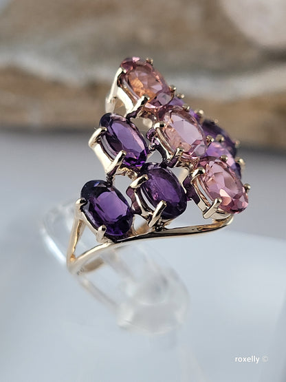 ❤️10K Yellow Gold Amethyst and  Pink Tourmaline Ring Size 5.5 Solid Gold