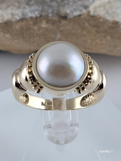 14K Yellow Gold Natural Gray Pearl Gorgeous Ring Size 7 Solid Gold