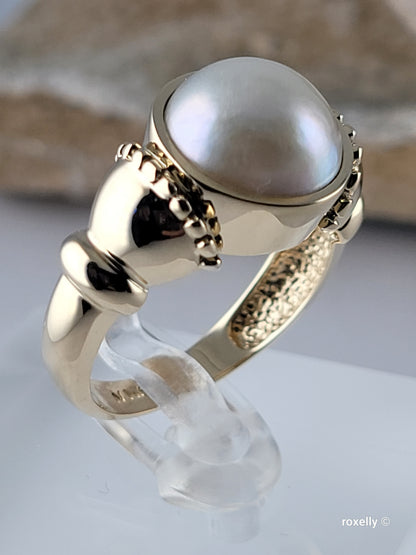 14K Yellow Gold Natural Gray Pearl Gorgeous Ring Size 7 Solid Gold