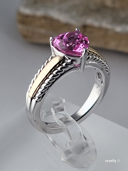 925 Sterling Silver and 10K Yellow Gold Pink Sapphire Ring Size 7
