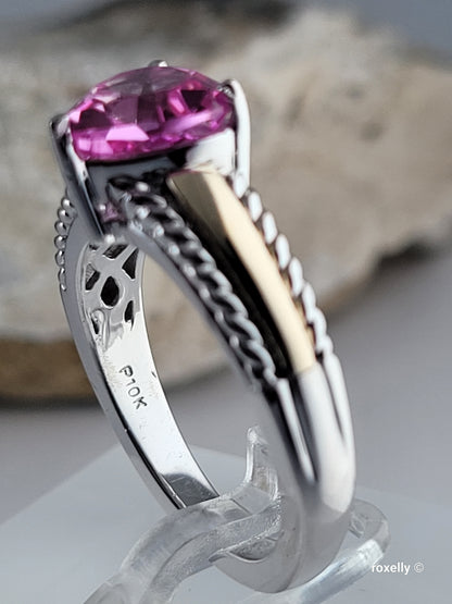 925 Sterling Silver and 10K Yellow Gold Pink Sapphire Ring Size 7