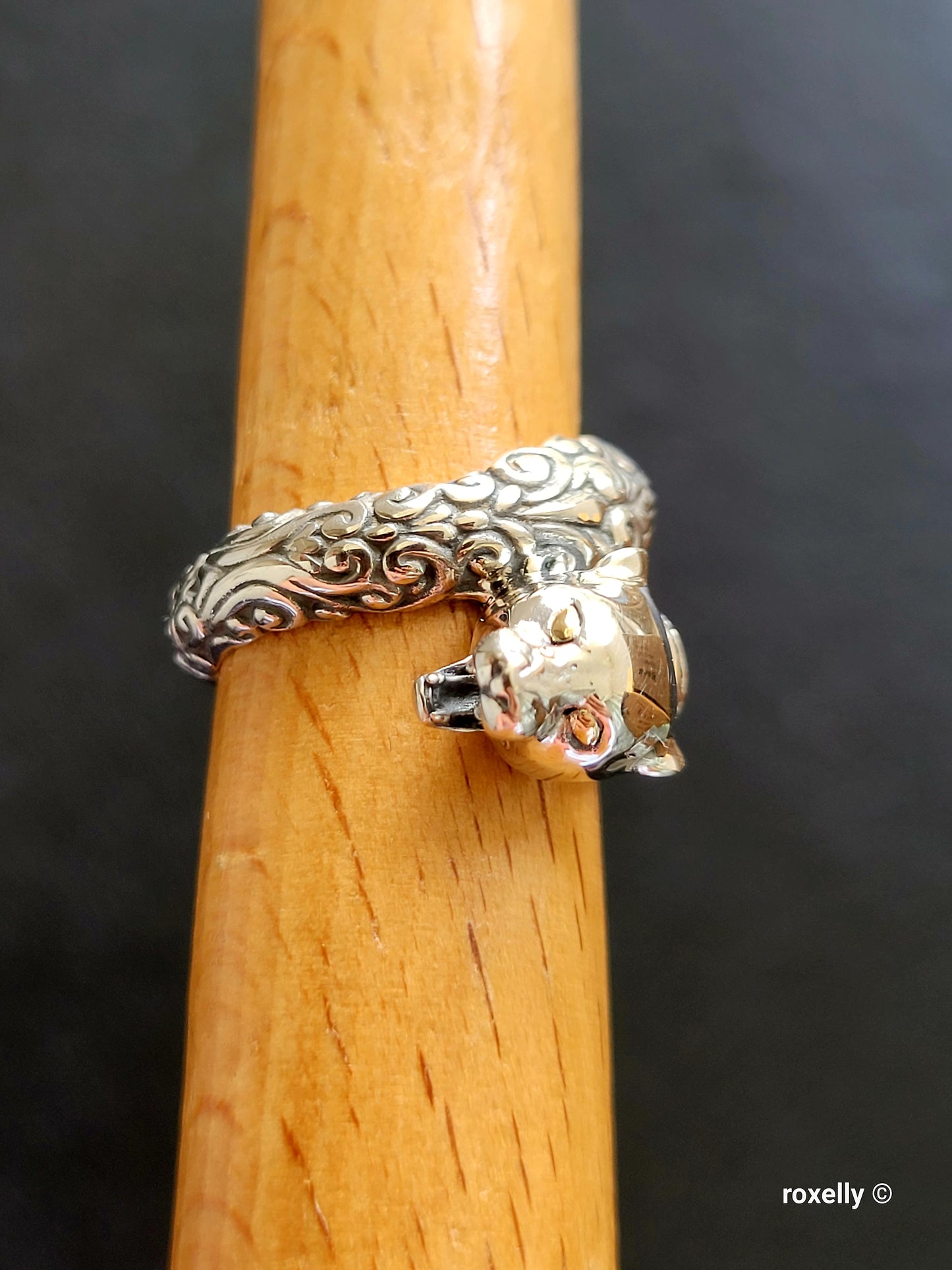 925 Sterling Silver and 18K Yellow Gold Panther Head Design Ring Size 5