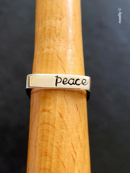 925 Sterling Silver and 14K Solid Gold “Peace” Square Ring Size 6.75