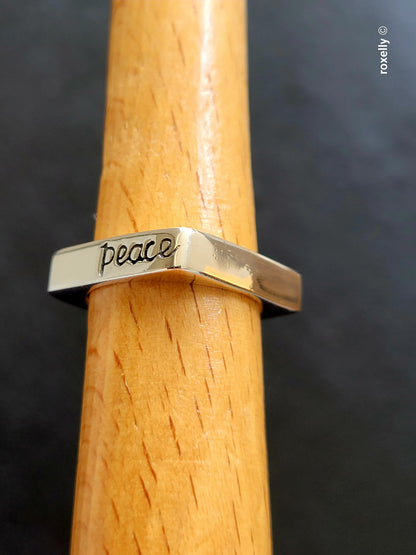 925 Sterling Silver and 14K Solid Gold “Peace” Square Ring Size 6.75