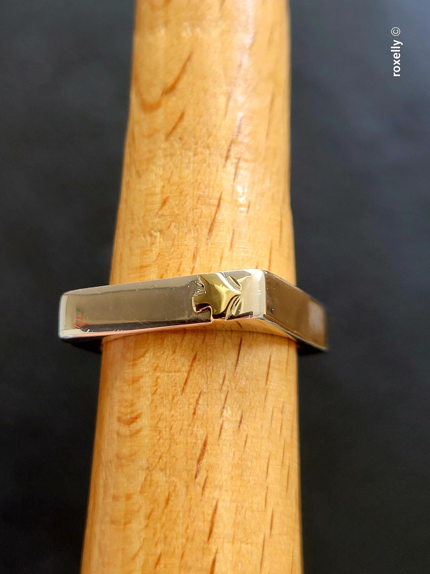 925 Sterling Silver and 14K Solid Gold “Peace” Square Ring Size 6.75