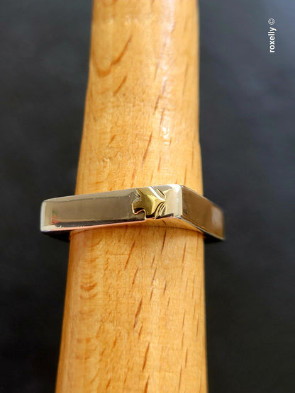 925 Sterling Silver and 14K Solid Gold “Peace” Square Ring Size 6.75