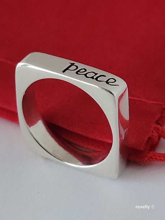 925 Sterling Silver and 14K Solid Gold “Peace” Square Ring Size 6.75